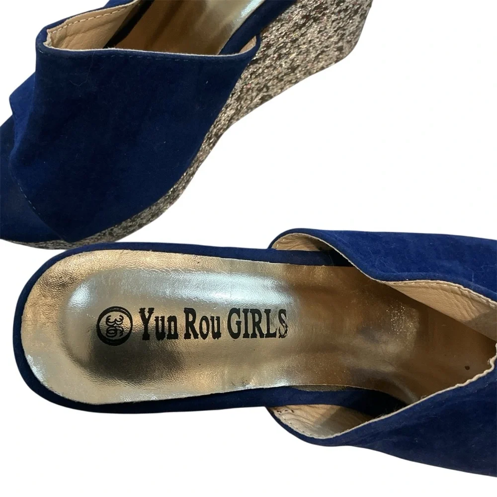 YRU Blue Silver Sequin Platform Wedges Y2K Party Glam Retro Size 36/ US 5.5-6